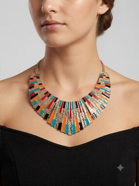 Geometric Bib Necklace | Multicolor Enamel Sunburst Statement